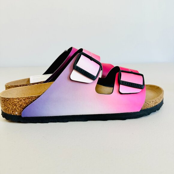 BIRKENSTOCK ARIZONA VEGAN OMBRE PINK AND PURLE SLIDE SANDALS 9/40 - Picture 3 of 8